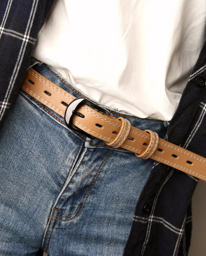 SOLACE  Khaki PU Leather White Stitching Gunmetal Buckle Casual Belt 