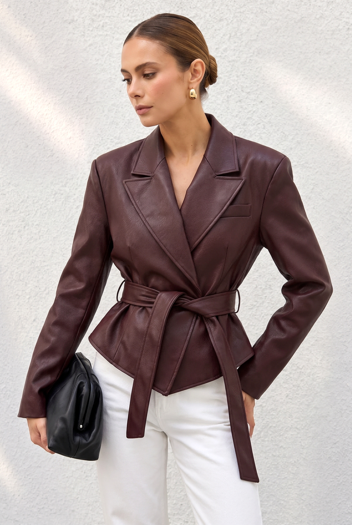 Waist Tie Notched Lapel Faux Leather Jacket