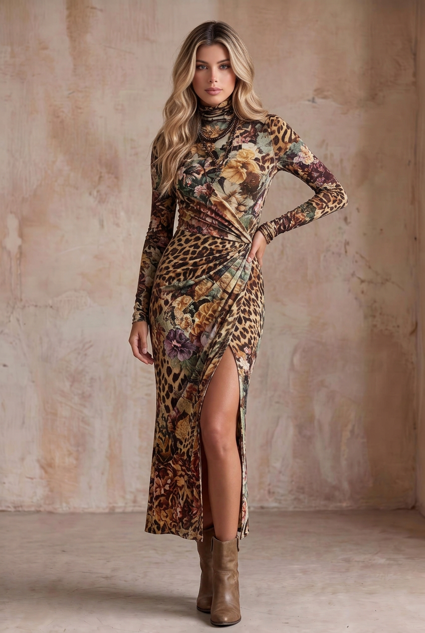 Leopard Flower Print Long Sleeve Side Slit Maxi Dress