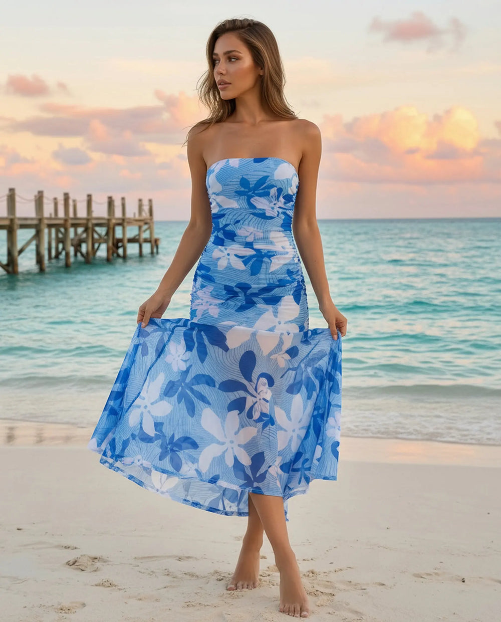 SOLACE  Blue Floral Print Strapless Asymmetric Hem Maxi Dress 