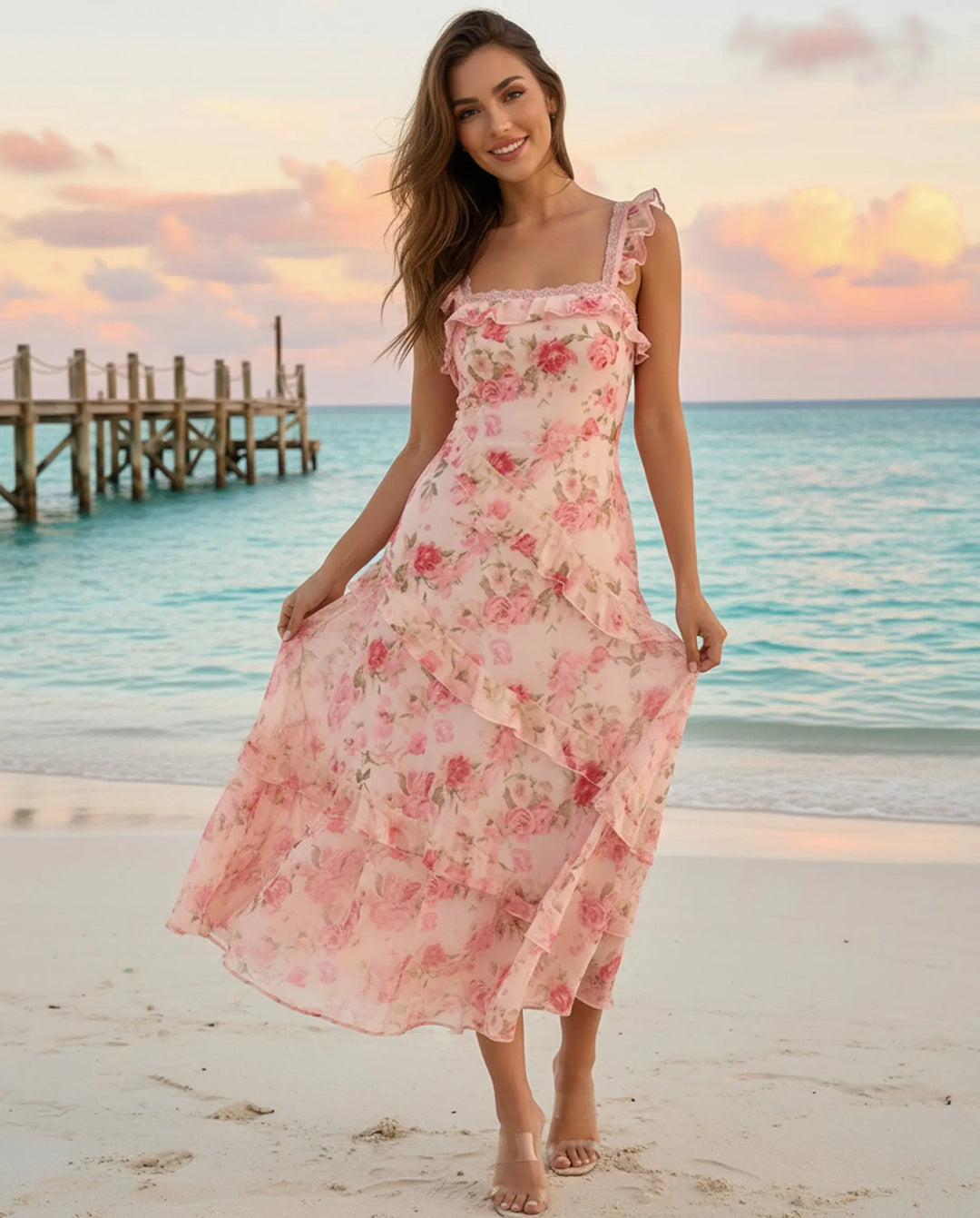 SOLACE  Pink Rose Print Ruffle Strap Chiffon Midi Dress 