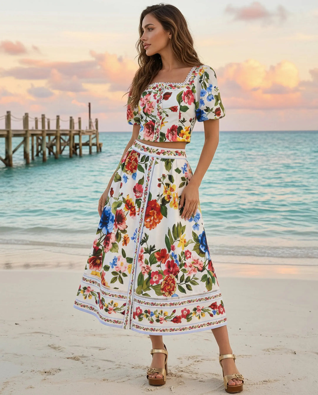 SOLACE  Colorful Floral Print Puff Sleeve Crop Top Midi Skirt Set 