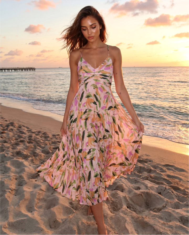 SOLACE  Multicolor Abstract Floral Ruched V Neck Pleated Midi Dress 