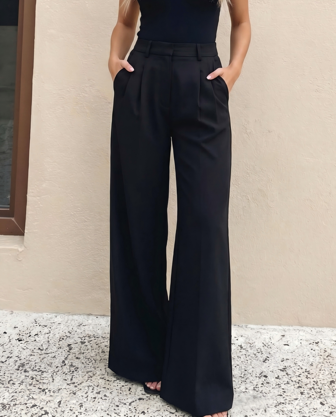 Black High Waist Double Pleat Tailored Wide Leg Suit Pants