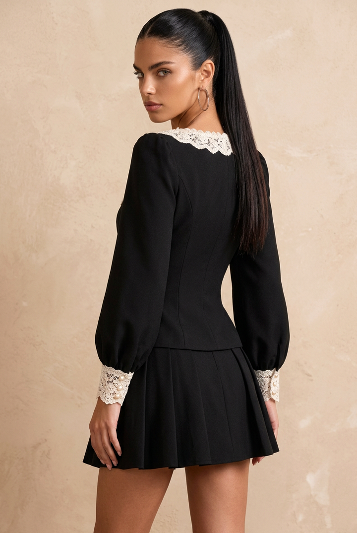 Black Lace Trim U-Neck Pearl Button Two Piece Skirt Set