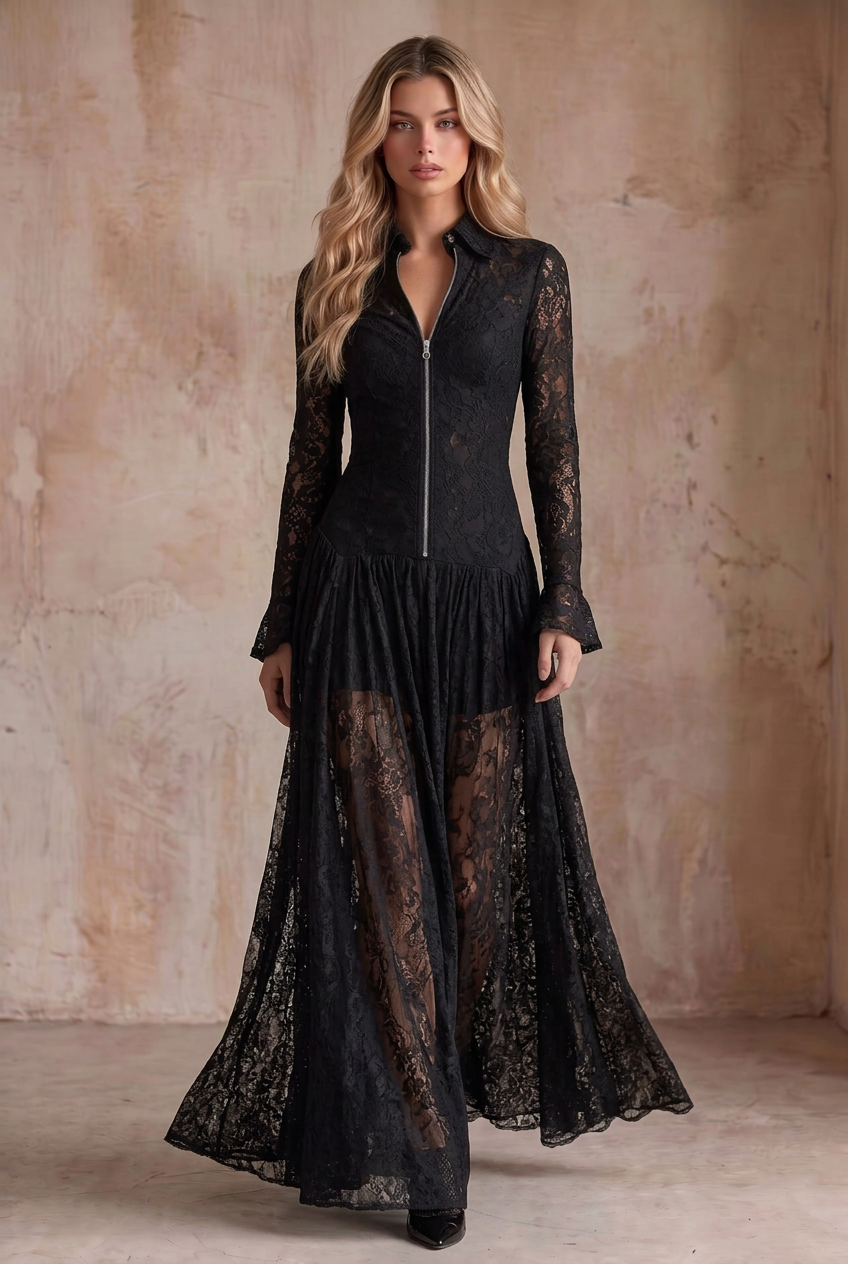 Black Lace Front Zipper Long Sleeve  Maxi Dress