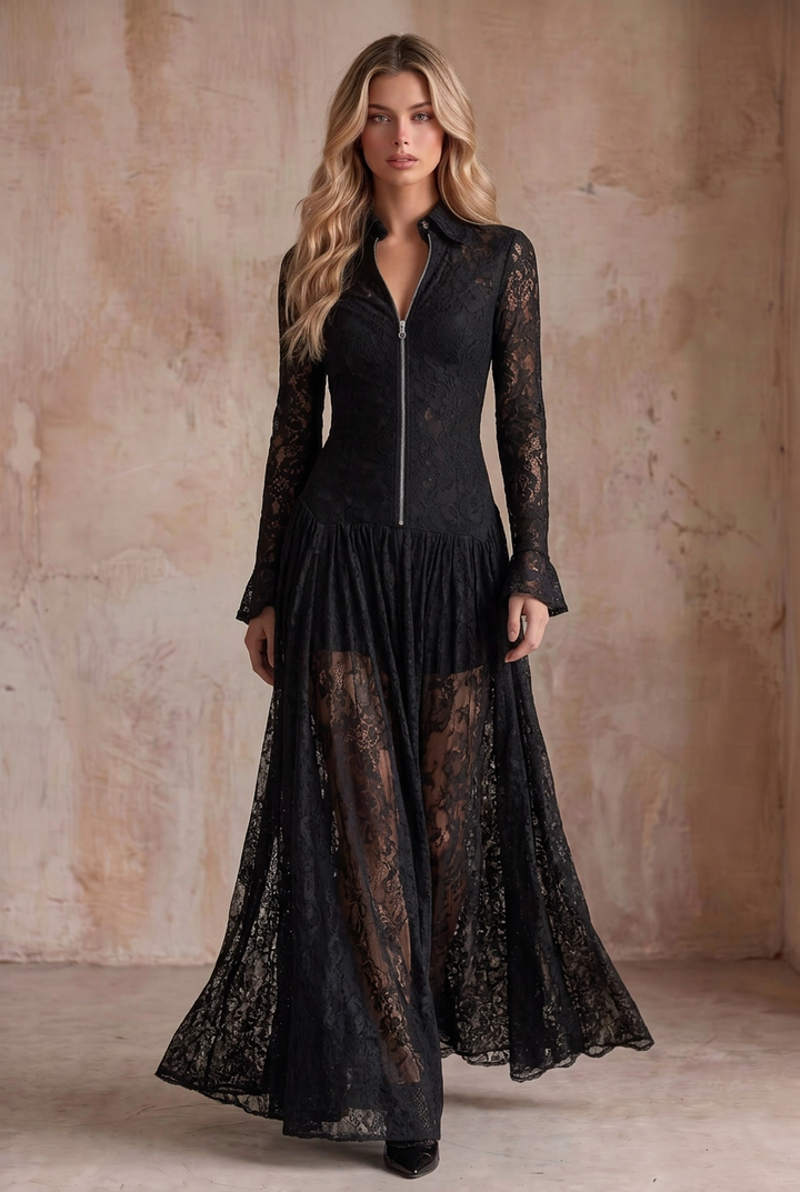 Black Lace Front Zipper Long Sleeve  Maxi Dress