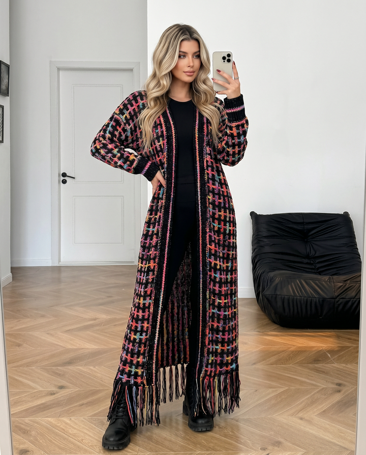 Oversized Checkered Tassel Hem Maxi Knit Cardigan