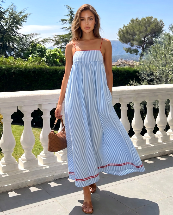 Blue White Stripe Red Trim Spaghetti Strap Maxi Dress