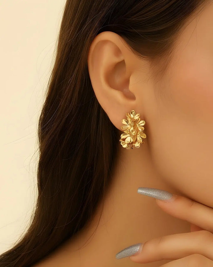 SOLACE  Gold 3D Floral Cluster Statement Stud Earrings 