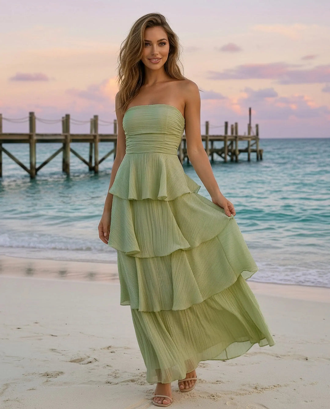 SOLACE  Sage Green Tiered Crinkled Fabric Slim Fit Maxi Dress 