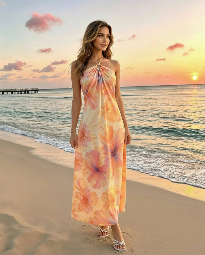 SOLACE  Orange Pastel Floral Print Halter Maxi Dress 