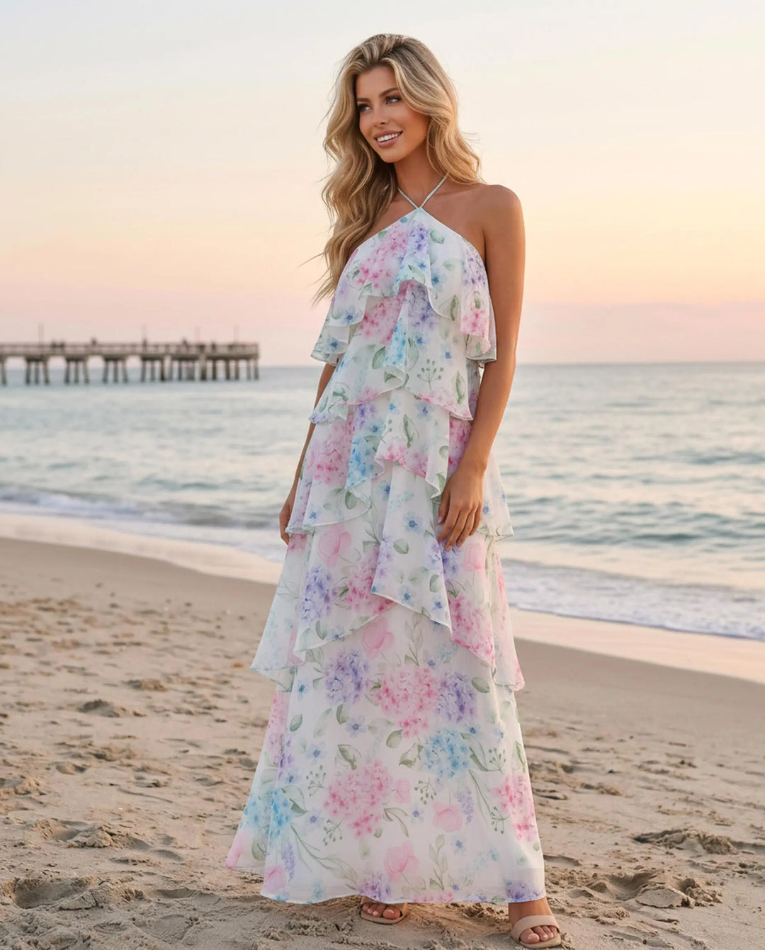 SOLACE  White Floral Print Halter Tiered Chiffon Maxi Dress 