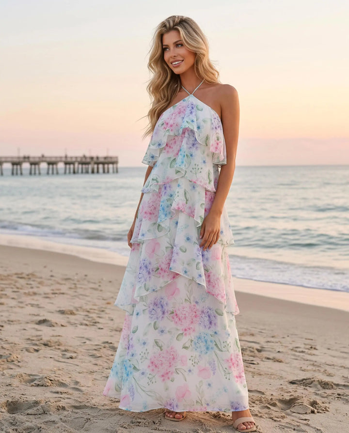 SOLACE  White Floral Print Halter Tiered Chiffon Maxi Dress 