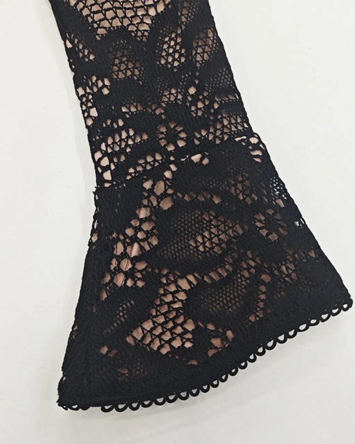 Black Lace Hollowed-Out Mandarin Collar Mini Dress SOLACE