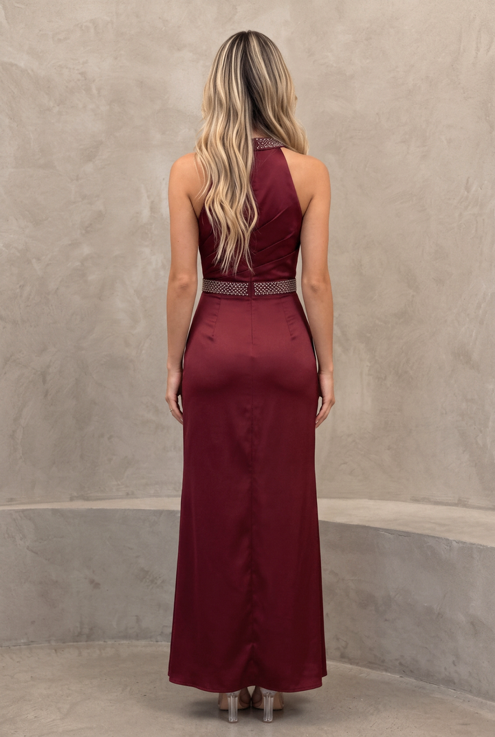 Elegant Sleeveless Satin Ruched Maxi Prom Dress