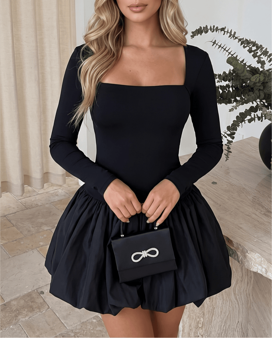 Square Neck Long Sleeve Bubble Mini Dress