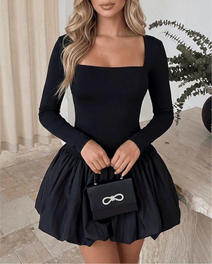 Square Neck Long Sleeve Bubble Mini Dress
