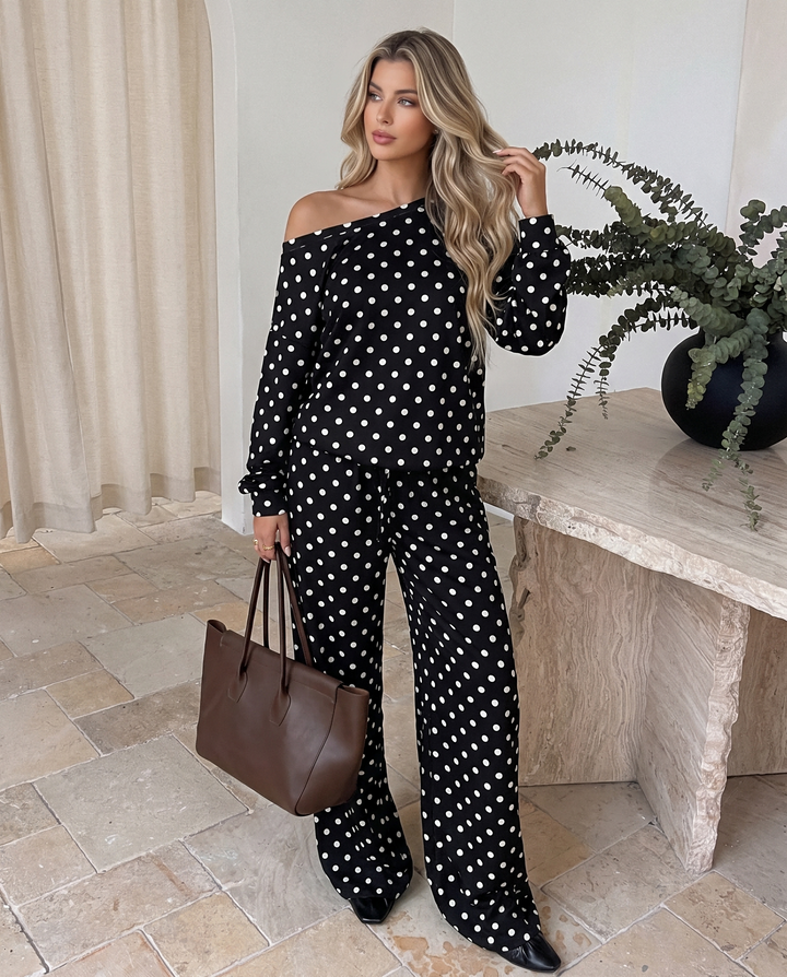 Casual Loose Long Sleeve Polka Dot Two Piece Outfit