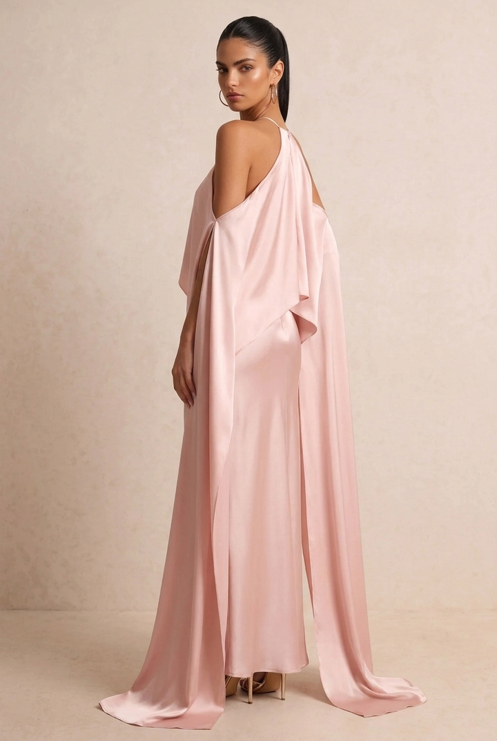 Halter Satin Cape Sleeve Maxi Evening Dress
