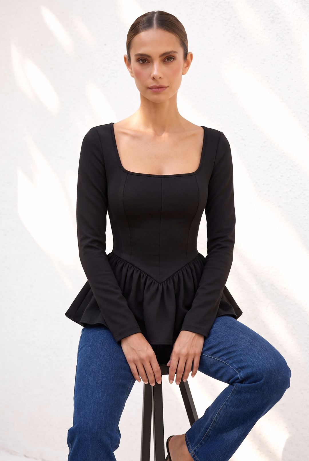 Square Neck Long Sleeve Peplum Slim Top