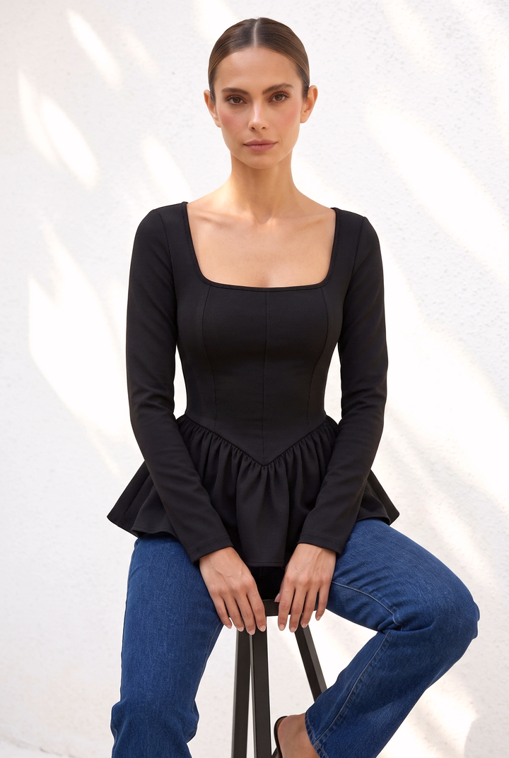 Square Neck Long Sleeve Peplum Slim Top