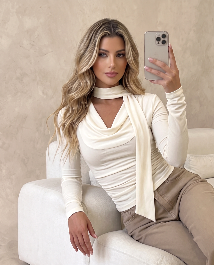 Draped Collar Tie Detail Long Sleeve Slim Fit T-Shirt