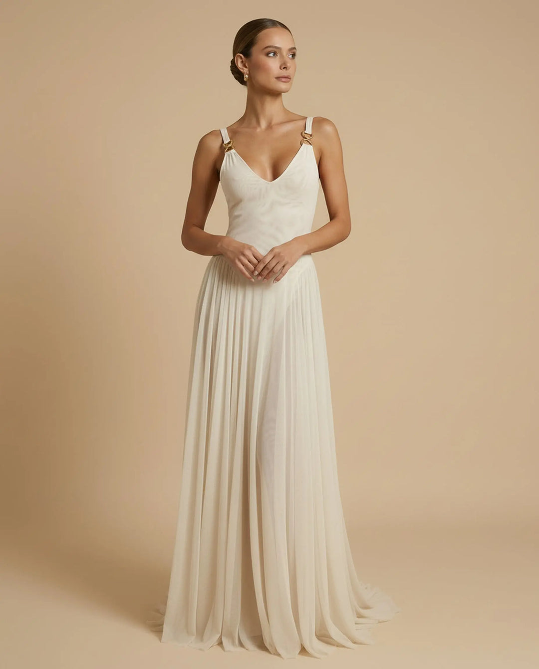 SOLACE  White V-Neck Gold Hardware Backless Pleated Maxi Dress 
