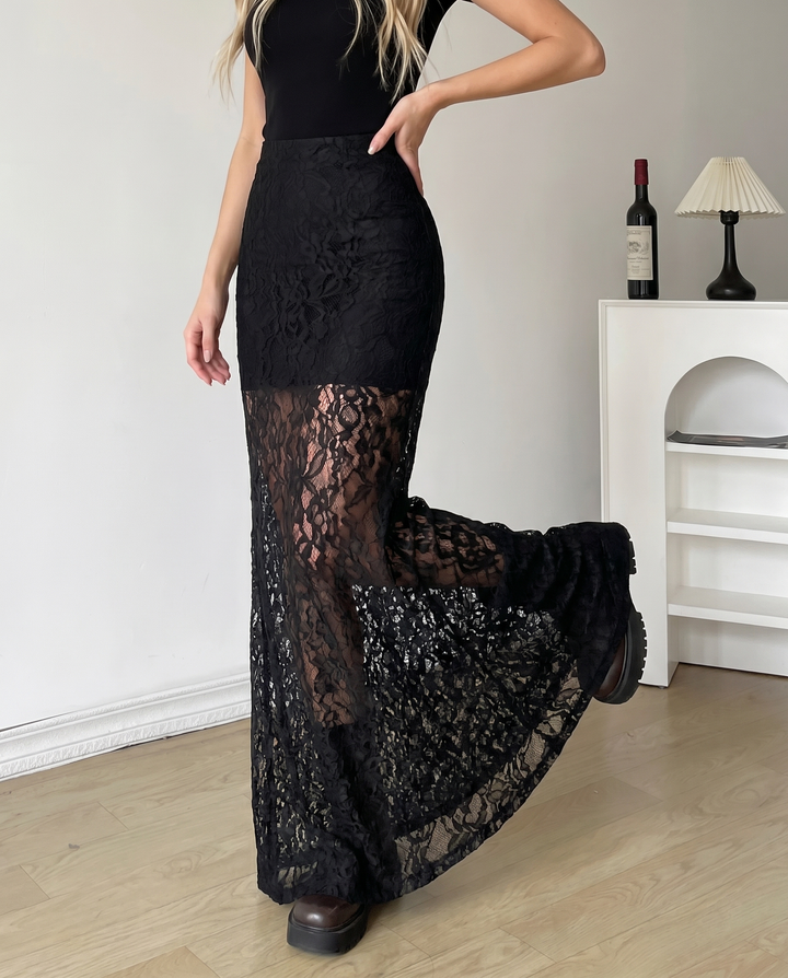 Black Lace High Waist Flared Mermaid Floor Length Maxi Skirt