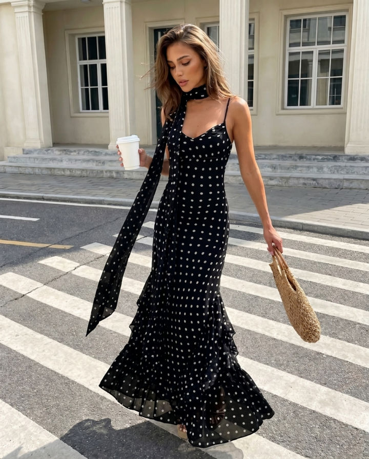 SOLACE  Black Polka Dot Ruffled Mermaid Maxi Dress 