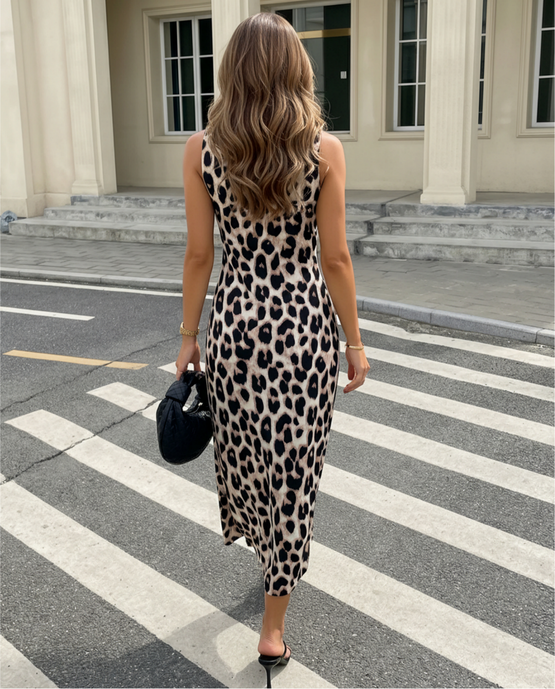 Leopard Print Lace Trim V Neck Sleeveless Midi Dress