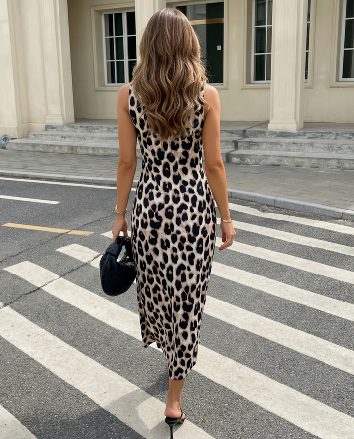 Leopard Print Lace Trim V Neck Sleeveless Midi Dress