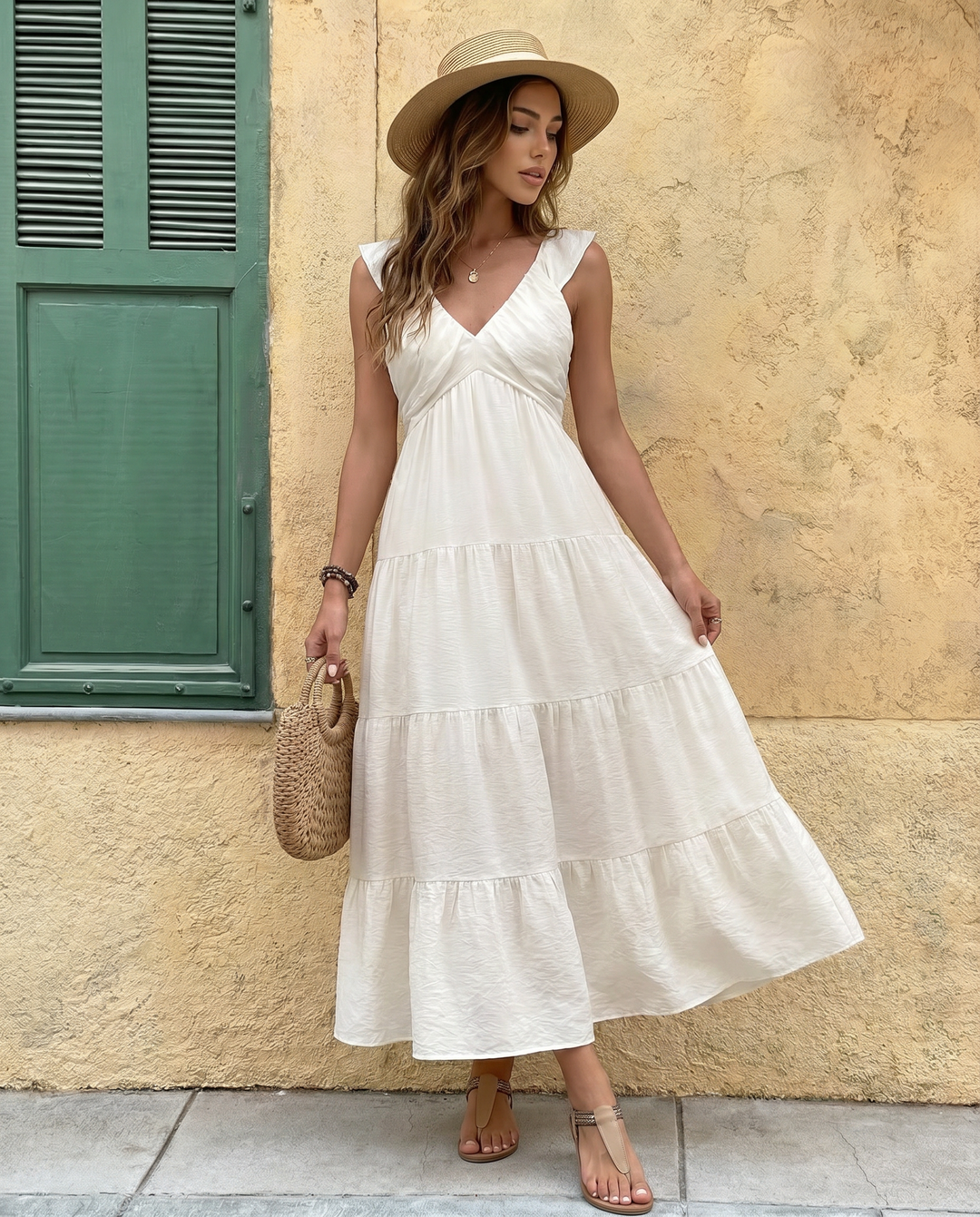 SOLACE  White Ruffle Cap Sleeve V-Neck Tiered Midi Dress 