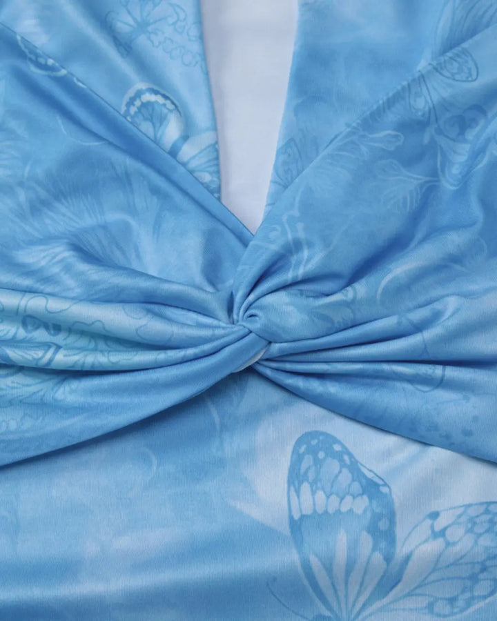 SOLACE  Blue Butterfly Print Cutout Mermaid Maxi Dress 