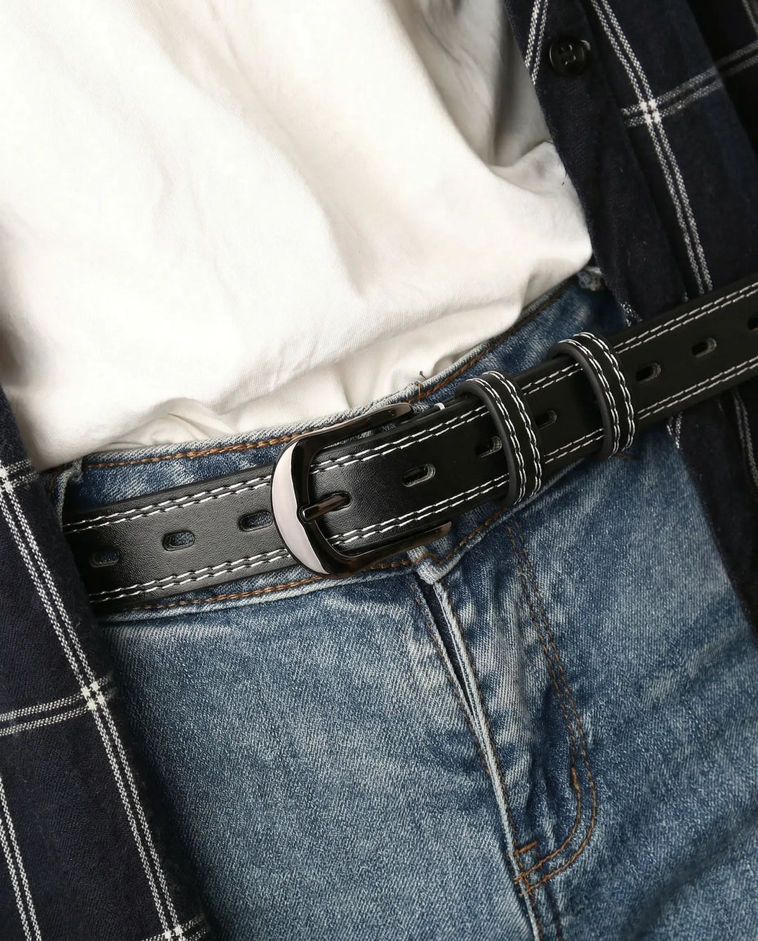 SOLACE  Black PU Leather White Stitching Gunmetal Buckle Casual Belt 