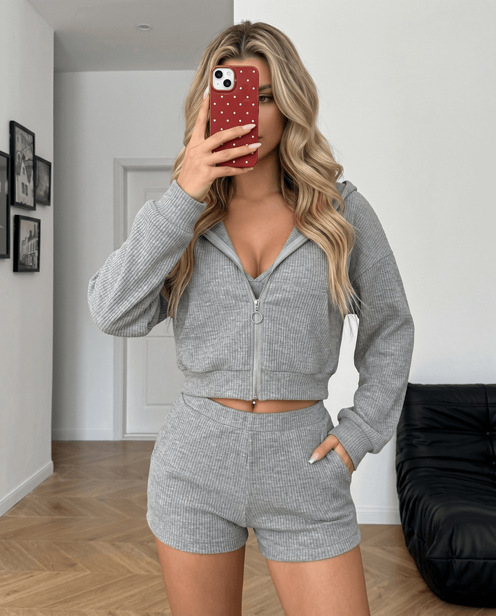Ribbed Knit Zip Up Crop Hoodie Outfit Set