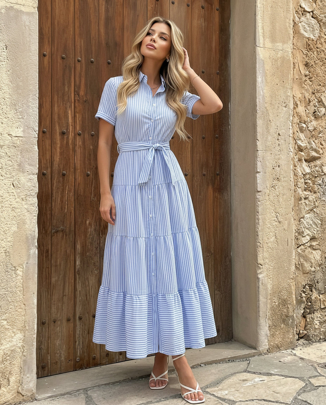 SOLACE  Stripe Collared V-Neck Tiered Belt Maxi Shirt Dress 