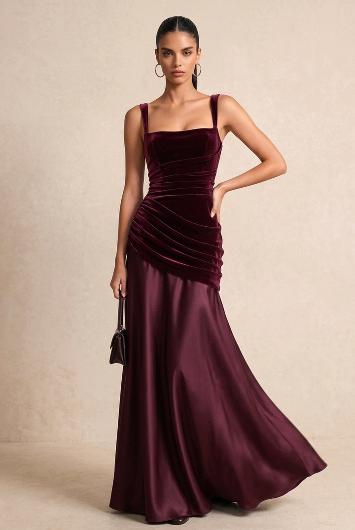 Burgundy Velvet Satin Mix Maxi Evening Dress