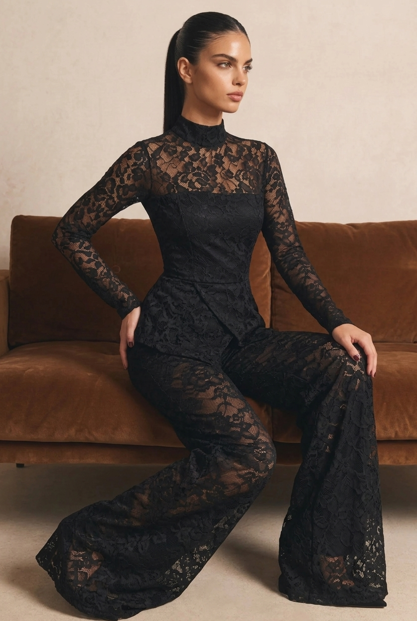 Elegant Floral Lace Long Sleeve High Neck Jumpsuit