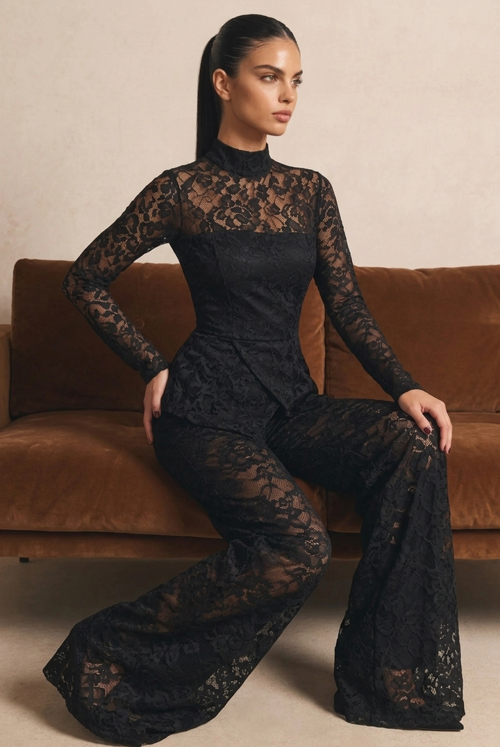 Elegant Floral Lace Long Sleeve High Neck Jumpsuit