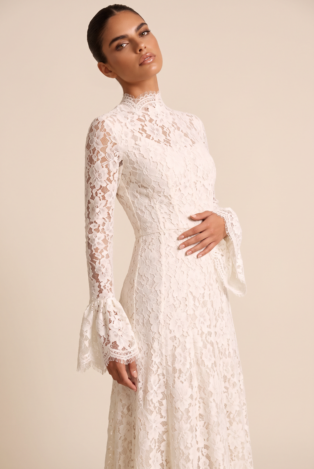 SOLACEFloral Lace High Neck Flare Sleeve Maxi Dress
