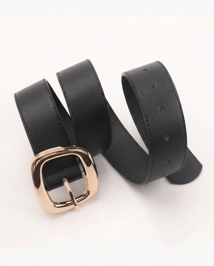SOLACE  Black PU Leather Rose Gold Square Buckle Classic Belt 