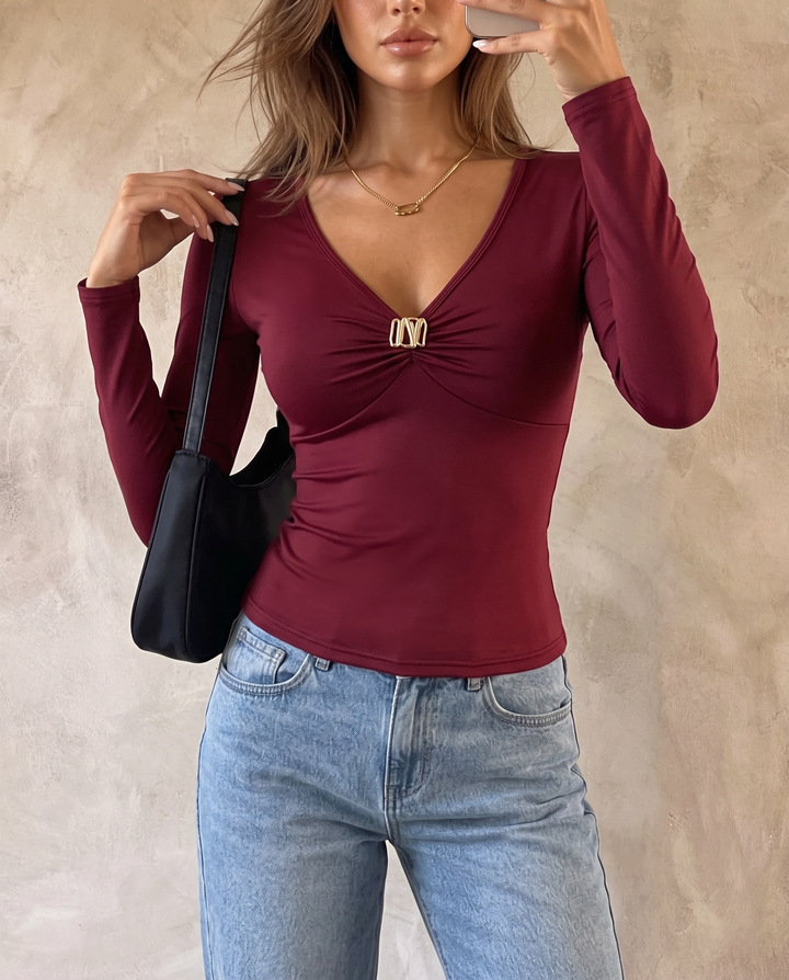 V Neck Ruched Metal Buckle Long Sleeve T-Shirt