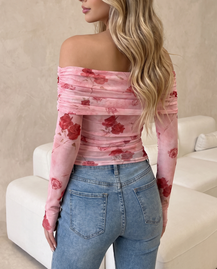 Off Shoulder Floral Print Asymmetric Hem Mesh T-Shirt