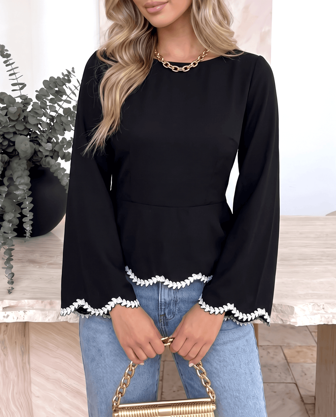 Lace Trim Back Tie Waist Long Sleeve Peplum Shirts