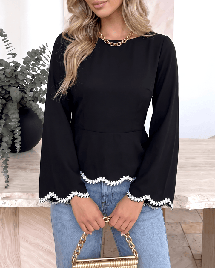Lace Trim Back Tie Waist Long Sleeve Peplum Shirts