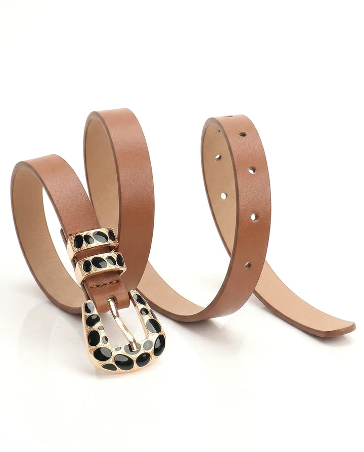 SOLACE  Tan PU Gold Tone Black Enamel Pebble Inlay Modern Belt 