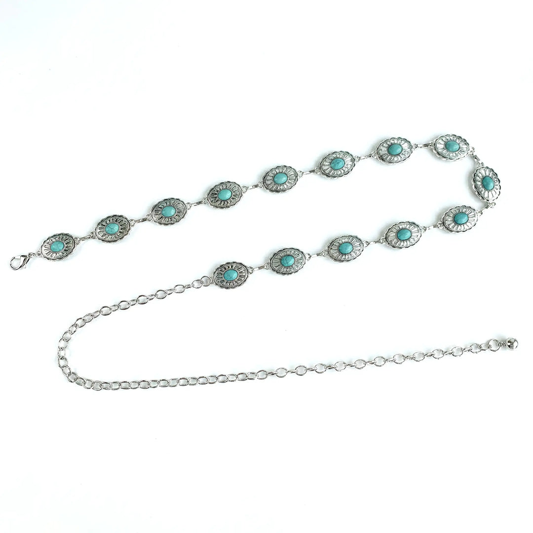 SOLACE  Silver Tone Metal Turquoise Inlay Western Style Waist Chain Belt 