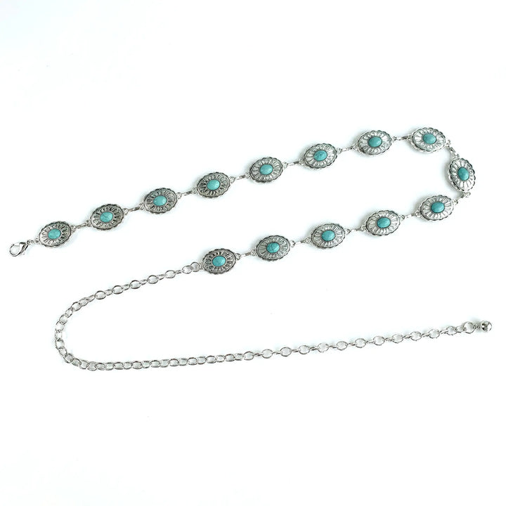 SOLACE  Silver Tone Metal Turquoise Inlay Western Style Waist Chain Belt 