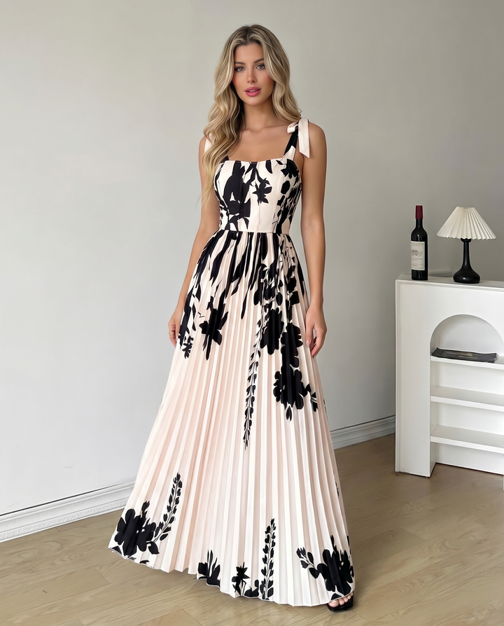 SOLACE  Cream Black Silhouette Floral Tie Strap Pleated Maxi Dress 